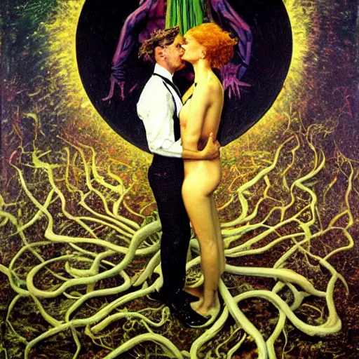 Image similar to two lovers wearing a suit made of nervous system, channeling third eye energy, surrounded by a background of dark cyber mystic garden of earthly delights, midnight hour, painted part by wojciech siudmak, part by ilya repin, part by norman rockwell, part by francis bacon, artstation