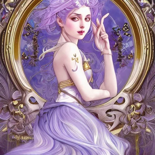 Image similar to masterpiece ultra realistic illustration of a magical girl with silver hair and gold eyes, dreamy and ethereal, lavender tones, ornate dress, dramatic, cinematic, fantasy, highly detailed, smooth. in the style of artgerm and alphonse mucha, artstation trending.