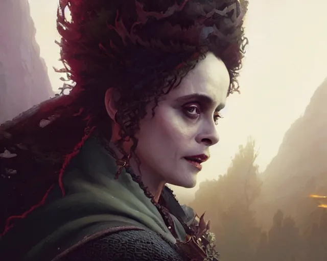 Image similar to highly detailed portrait of helena bonham carter as a mage, in dragon age : inquisition, stephen bliss, unreal engine, fantasy art by greg rutkowski, loish, rhads, ferdinand knab, makoto shinkai and lois van baarle, ilya kuvshinov, rossdraws, tom bagshaw, global illumination, radiant light, detailed and intricate environment