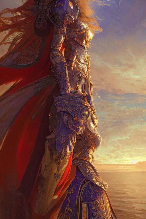 Image similar to portrait knights of Zodiac girl, metalic orange and dark blue reflected armor, in ruined Agora of Athens sunrise, ssci-fi, fantasy, intricate, very very beautiful, elegant, golden light, highly detailed, digital painting, artstation, concept art, smooth, sharp focus, illustration, art by tian zi and WLOP and alphonse mucha