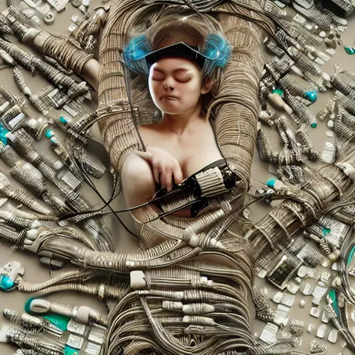 Image similar to tapping in to something greater, piles of modular synth cables, goddess laying down wearing a headpiece made of circuit boards, by cameron gray, wlop, stanley kubrick, masamune, hideki anno, unique perspective, trending on artstation, 3 d render, vivid