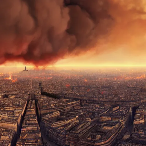 Image similar to a panoramic photo of paris during apocalypse, fire, fumes, 4 k, high quality, artstation