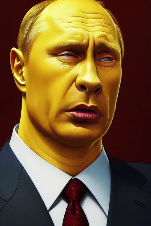 Image similar to vladimir putin as a yellow funny homer simpson, realistic portrait, symmetrical, highly detailed, digital painting, artstation, concept art, smooth, sharp focus, illustration, cinematic lighting, art by artgerm and greg rutkowski and alphonse mucha