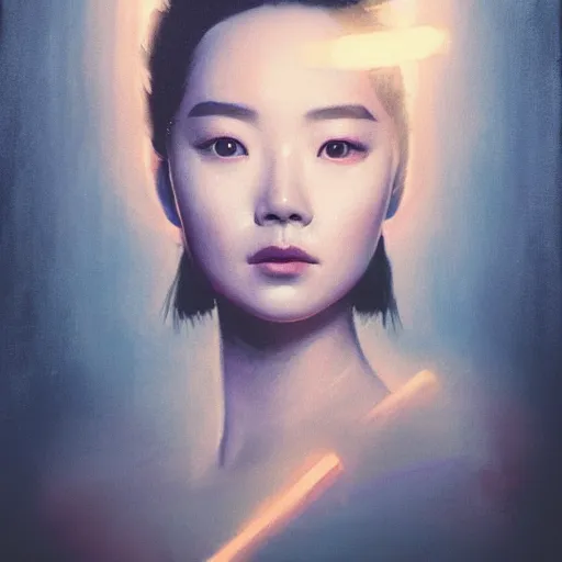 Image similar to Portrait of Mulan, pitch black room, extremely detailed, oil on canvas, low-key neon lighting, realist, artstation, Blade Runner 2049, Roger Deakin’s cinematography, by J. C. Leyendecker and Peter Paul Rubens and Stephen Bauman,