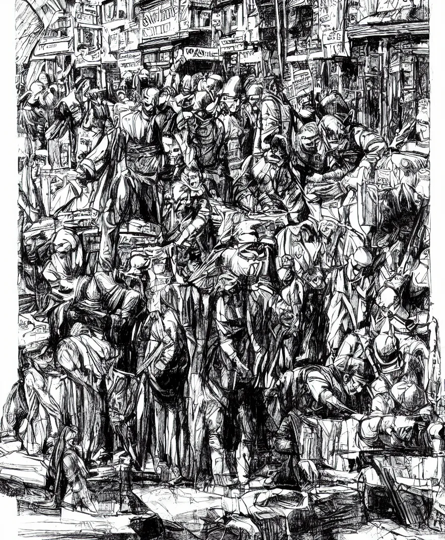 Image similar to davinci sketches comic book graphic novel renaissance street scene market