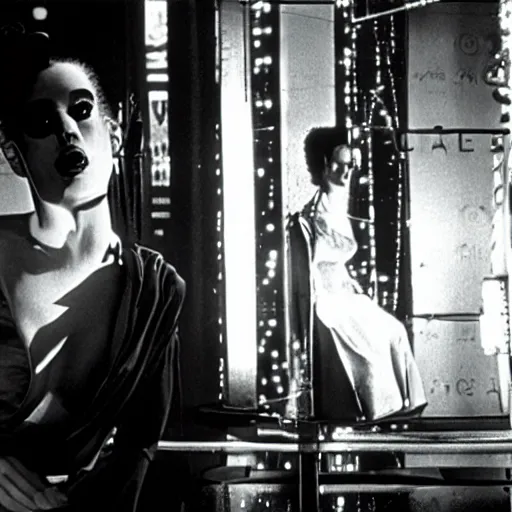 Prompt: cinematic portrait of bride of frankenstein as a replicant, still from the movie bladerunner, fashion photography, a neon sign is in the background