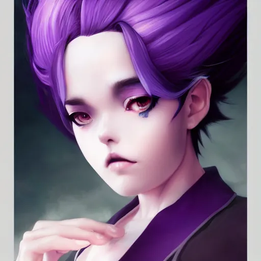 Image similar to beautiful anime women with purple hair, a straight horn on her forehead, purple eyes, a purple tuxedo, sharp focus, intricate, cell shaded, award winning photography, cinematic, digital painting, cinematic, wlop, 8 k, by ross tran, tom bagshaw