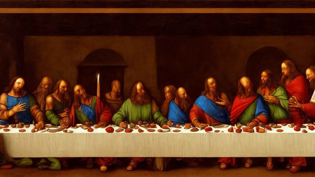 Prompt: mandalorian at the last supper, by leonardo davinci, concept art, oil painting, art station