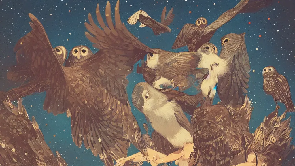 Prompt: ilya kuvshinov, mcbess, rutkowski, victo ngai, james jean, john william waterhouse, artgerm, oil painting illustration of owls flying at night, colorful, mural, deep shadows, astrophotography, highly detailed