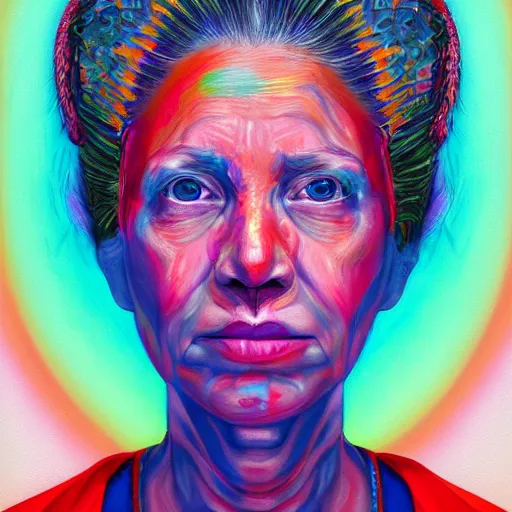Prompt: A beautiful portrait of a woman cult leader, frontal, digital art, vibrant color scheme, highly detailed oil painting by Alex Kanevsky