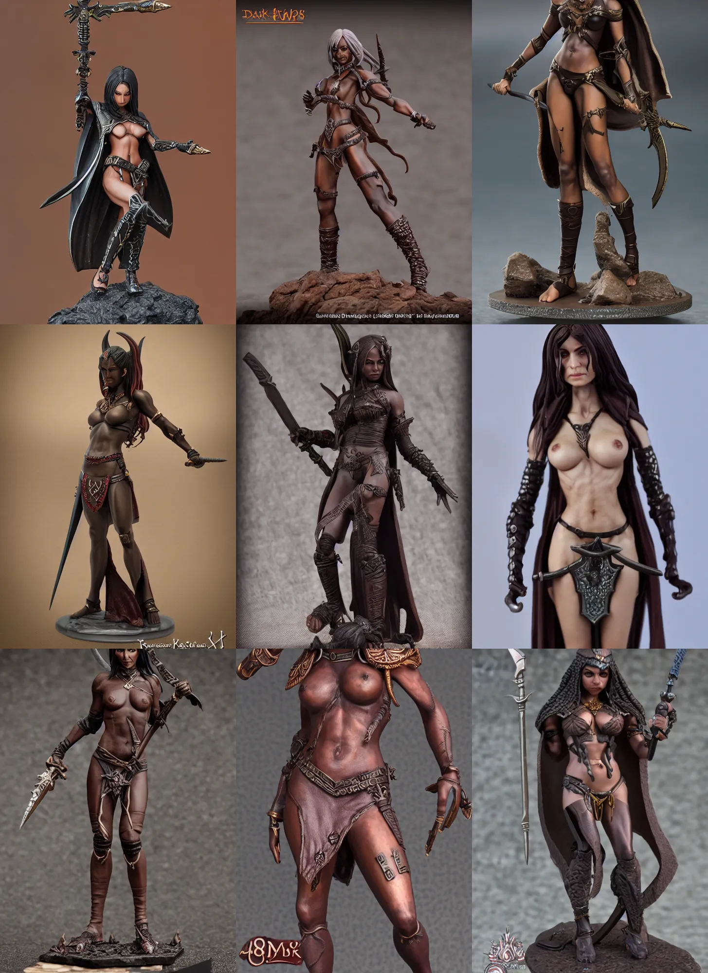Prompt: 80mm resin detailed miniature of a Dark Elf Female, Dagger, dark brown skin, Product Introduction Photos, 4K, Full body