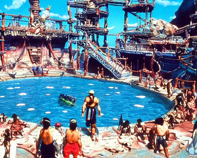 Prompt: a still of a photo real life empty Ken's stage from Street Fighter II in the movie Waterworld (1995), HDR, high quality, 8k, highly detailed and intricate,