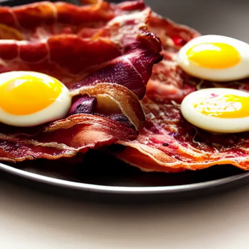 Image similar to high tech, low life, cyberpunk bacon and eggs in pan, closeup, close angle, dramatic lighting