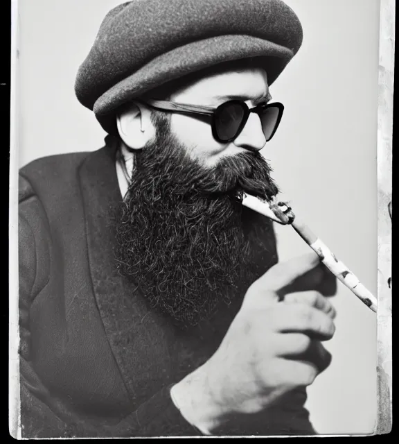 Prompt: a vintage photo medium shot of a man with a bushy beard smoking a cigarette wearing a grey hat and sunglasses.