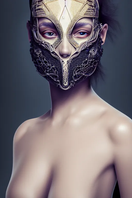 Prompt: portrait of a woman wearing a hyper detailed beautiful full faced mask detailed stitching, beautifully lit, cinematography, 8 k post production, atmospheric background, ambient occlusion, global illumination by balenciaga, wlop, riyahd cassiem, art station trending, concept art