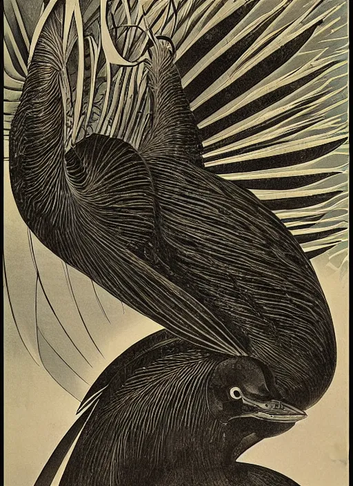 Image similar to art deco poster of the night - crowned black heron by mc escher, by ernst haeckel