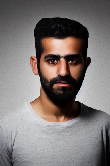 Prompt: portrait photo of a modern ( middle eastern ) man wearing a dark shirt, upper body avatar, kodak portra 1 6 0, chiaroscuro lighting, stylized bold outline, striking colour, default pose neutral expression, face on head shot, closeup, eye contact, sharp focus, flat grey background, 4 k, volumetric, french nouveau, ultra detail