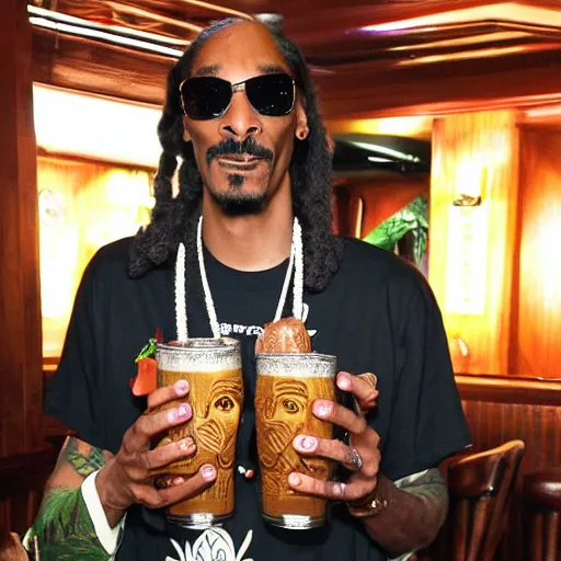 Image similar to snoop dogg at trader vic's bar holding a tiki mug with his face on it