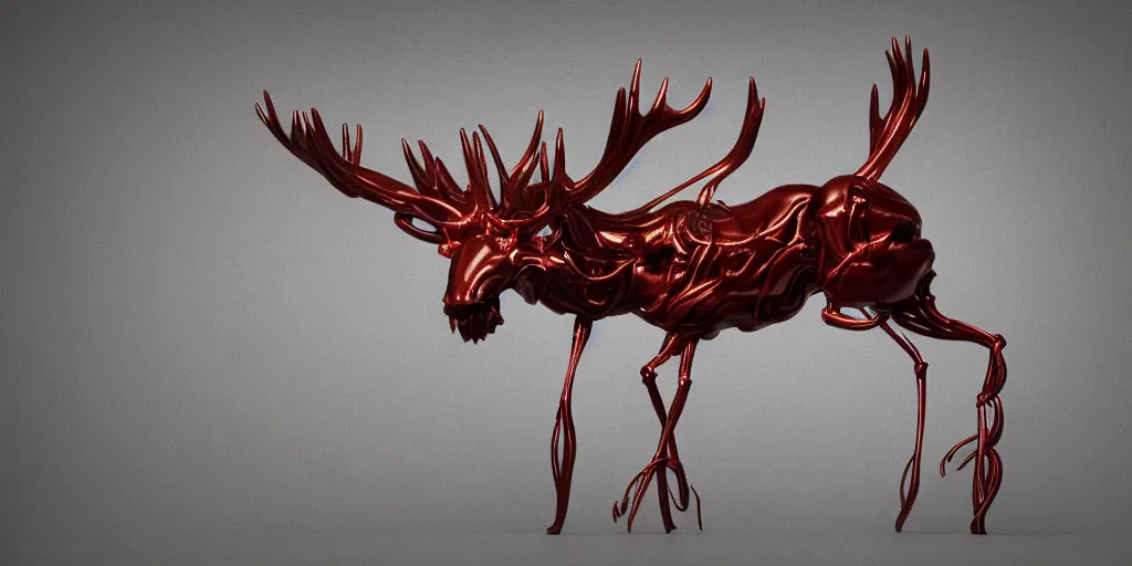 Image similar to stylized shiny polished silver statue full body bizarre extra limbs cosmic horror quadruped animal moose deer skull four legs made of marble of slug worm creature tendrils perfect symmetrical body perfect symmetrical face hyper realistic hyper detailed by johannen voss by michelangelo octane render blender 8 k displayed in pure white studio room anatomical deep red arteries veins flesh hell