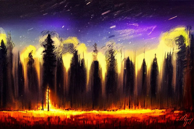 Image similar to artillery lights up the night sky, forest clearing background, at night, oil on canvas, bloom highlights, view from the ground, poster art, darkness, video game art, digital art, fine brushstrokes, hdr, 4 k