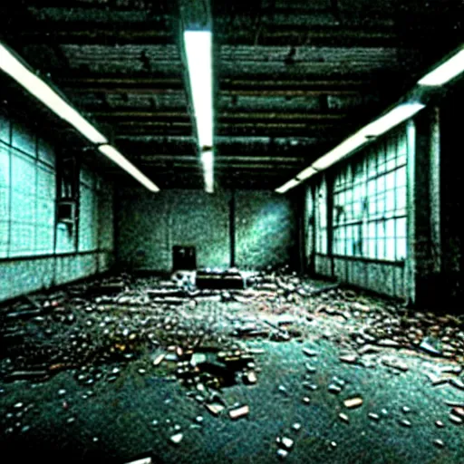 Image similar to abandoned replicant factory, still from closed circuit tv footage