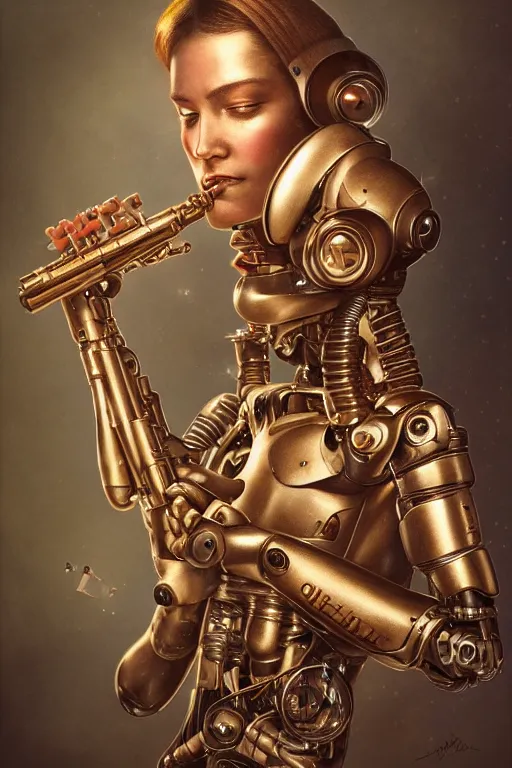 Image similar to a beautiful ultradetailed vintage photo of cyborg playing an oboe, by tom bagshaw and anna dittman, portrait, vignette, 3 5 mm lens, golden ratio composition, detailed face, studio photography, very detailed, humanoid, industrial robot, artstation, 8 k, highly coherent