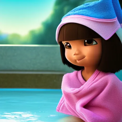 Image similar to dora the explorer in japanese bath house with towel on her head, masterpiece 4k, highly detailed, trending on artstation, award winning,