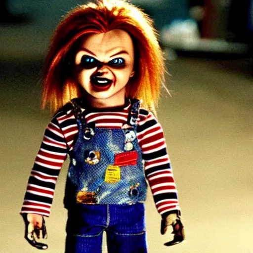 Image similar to Chucky the killer doll from the movie Child's Play leading an army of scary looking evil killer dolls