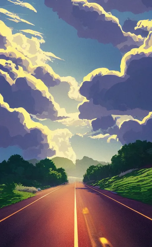 Image similar to textless paperback book cover. screen print. graphic design. pure colors, melting clouds, accurately drawn details, a sunburst above a receding road with the light reflected in furrows and ruts, after rain. photorealistic. octane render. cinematic. trending on artstation. textless.