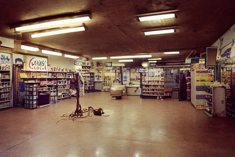 Image similar to large metallic skull attached to an infinitely long, thick power cable, stoic and calm, inside of an unlit 1970s convenience store, ektachrome photograph, volumetric lighting, f8 aperture, cinematic Eastman 5384 film