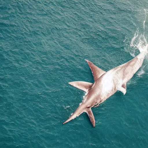 Prompt: an aerial photograph of a giant shark swimming underneath a small fishing boat. photograph. high quality