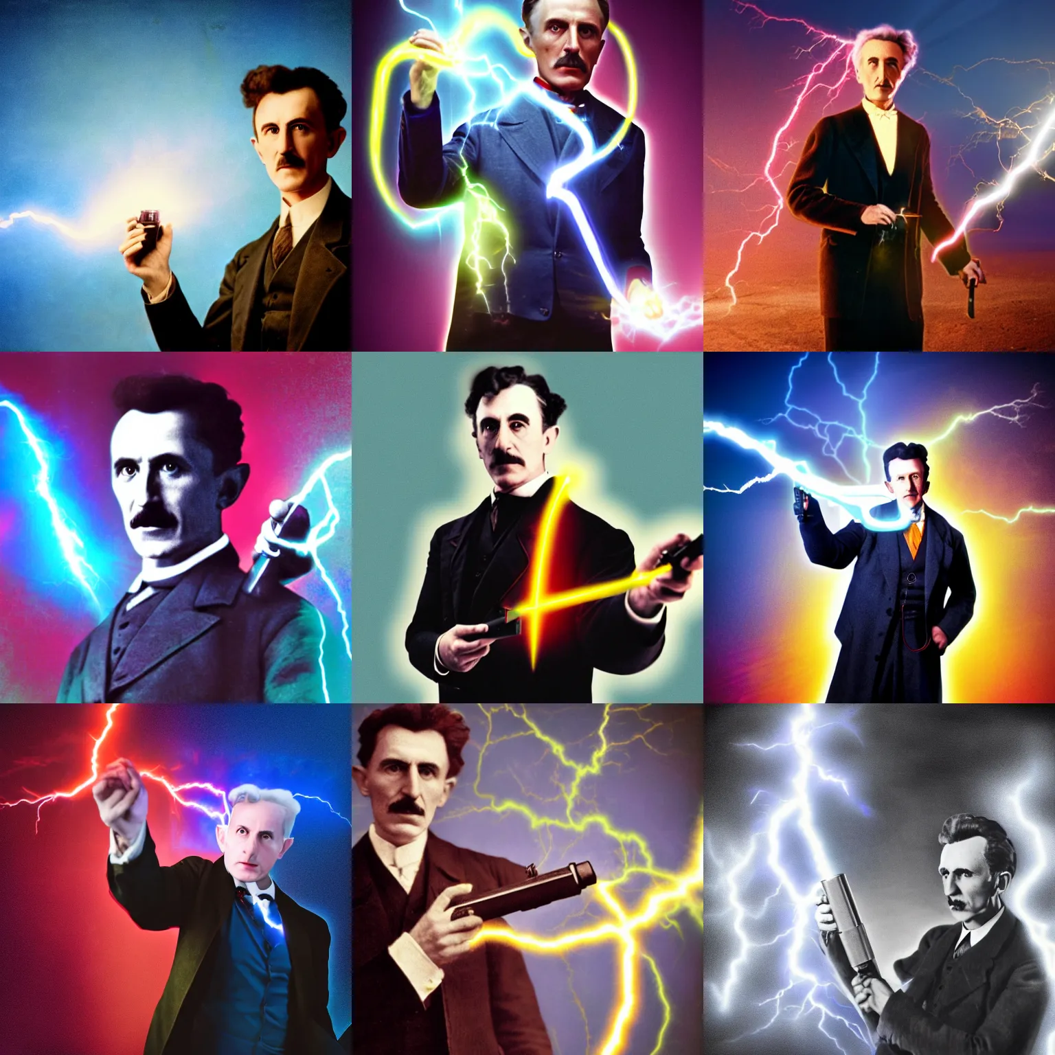 Prompt: color photograph of Nicola Tesla holding a tesla gun with lightning, tesla coil, dynamic lightning, 4k, modern photograph, digital art