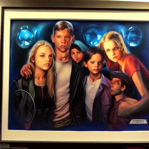 Image similar to 4 siblings standing together, 3 male 1 female, airbrush art, drew struzan illustration art, key art, portrait