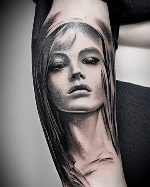 Image similar to tattoo design sketch of a beautiful woman face next to a faded background of beautiful mountains, hyper - realistic, in the style of den yakovlev, amazing detail, black and white