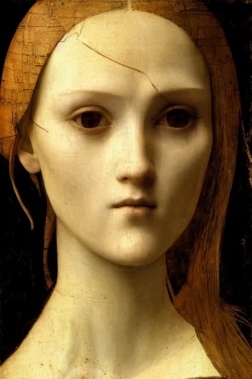 Image similar to a close - up portrait of a cyberpunk cyborg girl, by leonardo davinci, rule of thirds