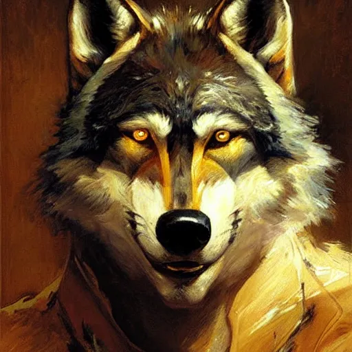 Prompt: a portrait of a wolf dogman. highly detailed painting by gaston bussiere, craig mullins, j. c. leyendecker, furry