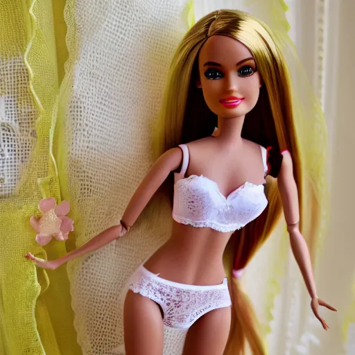 Prompt: barbie doll in panties and bra, lace, full length, several dolls in one photo, banana color, 4 k