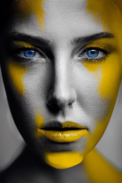 Image similar to a beautiful girl with beautiful cold blue eyes, standing in a dark room under the bright lighting of cold lamps, in bright yellow silk clothes golden ratio, by lee jeffries, medium close - up, perfect composition, dramatic, medium close - up ( mcu ), cannon ef 6 5 mm f / 2. 8