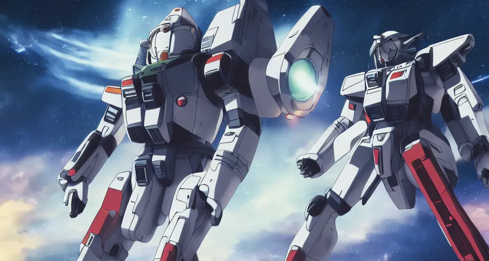 Image similar to RX-78-2 in the science fiction anime series gundam by makoto shinkai, flying through space, cinematic, shooting star