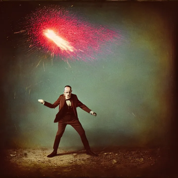 Image similar to kodak portra 4 0 0, wetplate, muted colours, blueberry, 1 9 1 0 s style, motion blur, portrait photo of a backdrop, explosions, rockets, sparkling, arcane's jinx, aka powder, by georges melies and by britt marling