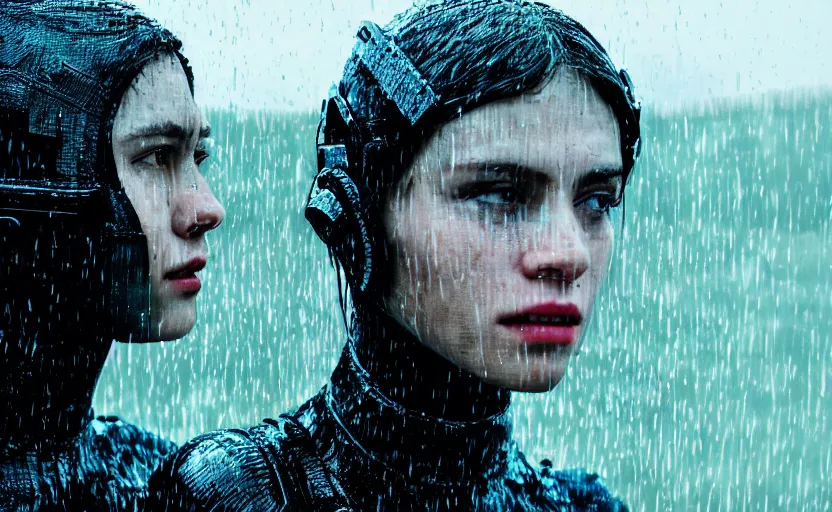 Image similar to cinestill 5 0 d candid photographic portrait by christopher nolan of two loving female androids wearing rugged black mesh techwear in treacherous waters, extreme closeup, modern cyberpunk retrofuturism moody emotional cinematic, pouring iridescent rain, 8 k, hd, high resolution, 3 5 mm, f / 3 2, ultra realistic faces, ex machina