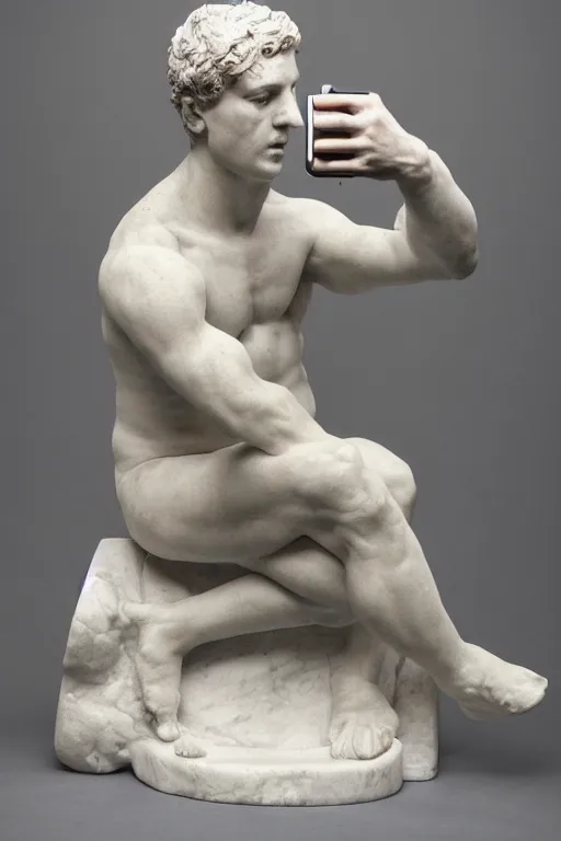 Prompt: marble sculpture of a man taking a selfie while on the toilet