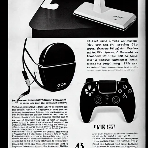 Prompt: 1 9 6 0's magazine ad featuring a photo of a playstation 5. 3 5 mm, black and white, advertising photography