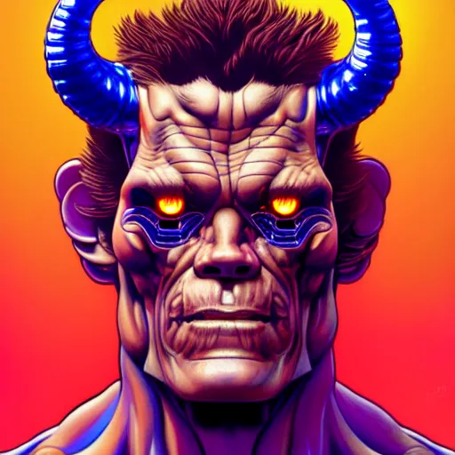 Prompt: portrait painting of a cyberpunk muscular willem dafoe with big horns, sharp focus, award - winning, trending on artstation, masterpiece, highly detailed, intricate. art by josan gonzales and moebius and deathburger