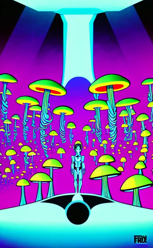 Image similar to psychedelic mushrooms from the movie tron wide angle shot, white background, vector art, illustration by frank frazetta