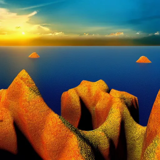 Image similar to alien land scape. ultra detail. natural lighting. islands. ocean. sunset. red. blue. yellow.