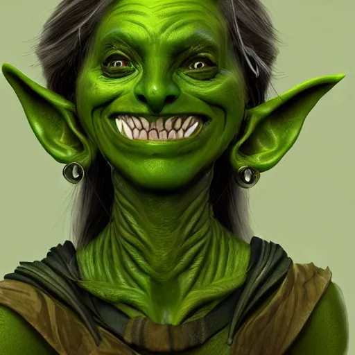 Prompt: illustration of a beautiful goblin girl, green skin, digital concept art