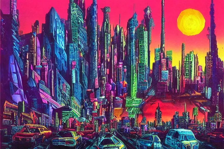 Image similar to surreal colorful nightmarish cityscape, artwork by Ralph Bakshi