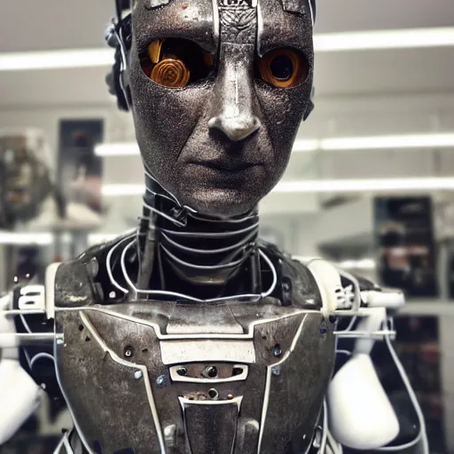 Prompt: photo of a cyborg!! in sale, in a store display, hiding a dark secret, synthetic skin!!!, highly detailed face, expressive face, cyberpunk, year 3022, medium close-up, depth of field, ISO 300, aperture f11, 1/100 obturation speed