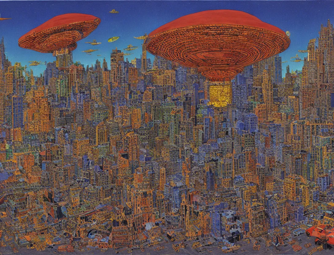 Image similar to ufo encounter in the city, by mati klarwein and moebius